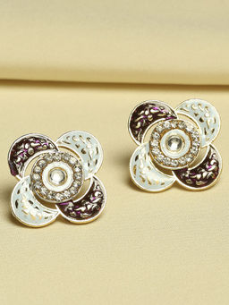 OOMPH - Purple Wine & Light Blue Meenakari Ear Stud Earrings - Floral Design with Kundan