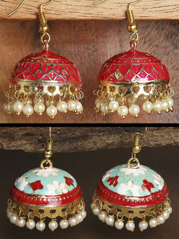 OOMPH - Combo of 2 Pink Red & Mint Green Meenakari Enamel Minimal Floral Jhumka Earrings