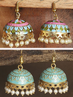 OOMPH - Combo of 2 Pink & Mint Green Meenakari Enamel Minimal Jhumka Earrings