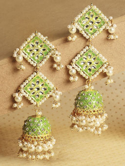 OOMPH - Green Meenakari & Kundan Ethnic Long Jhumka/Jhumki Earrings For Women & Girls