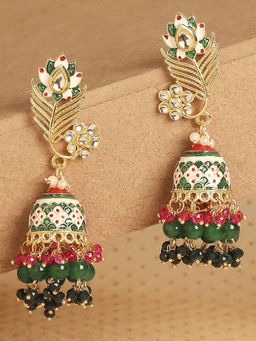 OOMPH - Green & Pink Meenakari Enamel Peacock Design Ethnic Jhumka/Jhumki Earrings