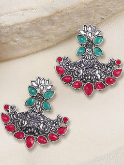 OOMPH - Silver Oxidised Green & Red Lotus Shape Ethnic Drop Earrings For Women & Girls