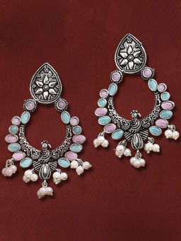 OOMPH - Silver Oxidised Pink & Ferozi Blue Peacock Shape Ethnic Drop Earrings