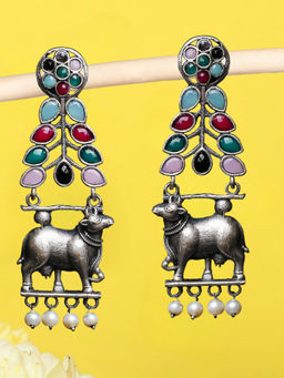 OOMPH - Silver Oxidised Silver Look Alike Made in Indian Cow Shape Ethnic Drop Earrings
