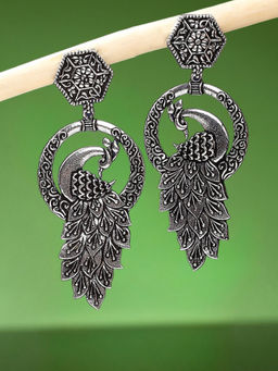 OOMPH - Silver Oxidised Silver Look Alike Peacock Shape Ethnic Drop Earrings