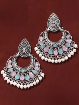 OOMPH - Silver Oxidised Pink & Ferozi Blue Ethnic Drop Earrings For Women & Girls