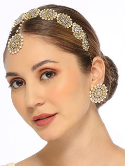 OOMPH - Gold Tone Kundan Maangtikaa Set With Hair Chain & Earring For Women & Girls