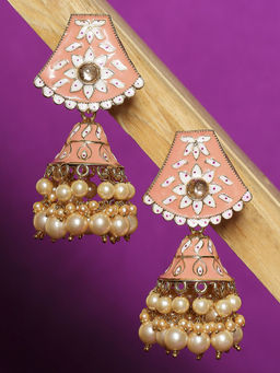 OOMPH - Pink Meenakari Enamel Kundan Floral Large Ethnic Jhumka Earrings