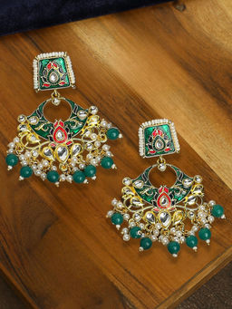 OOMPH - Green Meenakari Chandbali Earrings - Kundan & Pearls Studded For Women & Girls