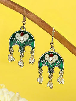 OOMPH - Green Meenakari Small Ethnic Drop Earrings with Pearls For Women & Girls
