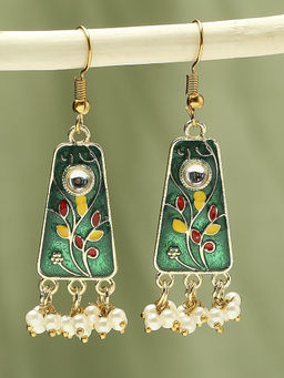 OOMPH - Green Meenakari Small Ethnic Drop Earrings with Kundan For Women & Girls