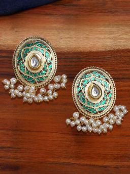 OOMPH - Green Meenakari Stud Earrings - Kundan & Pearls Studded in Oval Shape