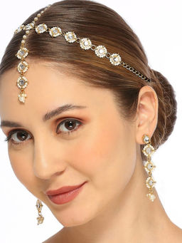 OOMPH - Gold Tone Kundan Maangtikaa Set With Hair Chain & Earring For Women & Girls