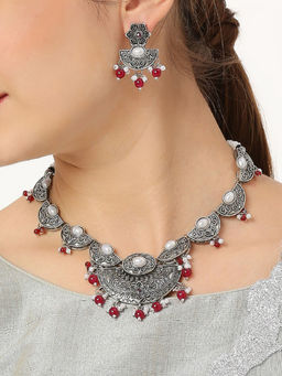OOMPH - Oxidised Silver Tone Red Maroon Stones & Pearls Necklace Set with Drop Earrings