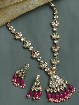 OOMPH - Pink Beads with Kundan Long Necklace Set with Earrings For Women & Girls