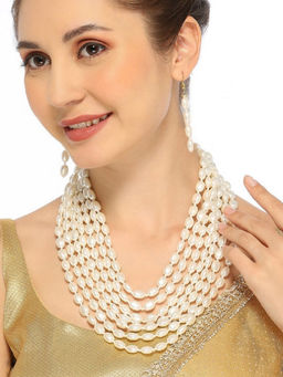 OOMPH - White Pearls Multi Layer Long Necklace Set with Drop Earrings For Women & Girls