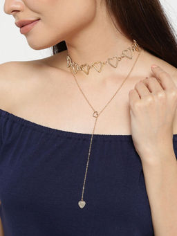 OOMPH - Combo of 2 Gold Choker & Lariat Necklace - Delicate Fashion Heart Design