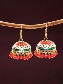 OOMPH - Red Meenakari Jhumka Earrings - Floral Design with Beads For Women & Girls