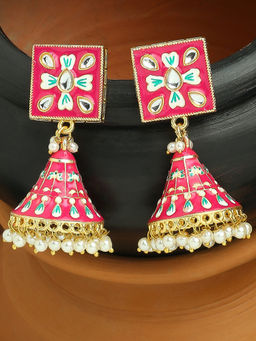 OOMPH - Rani Pink Meenakari Jhumka Earrings - Geometric Floral Design for Women & Girls