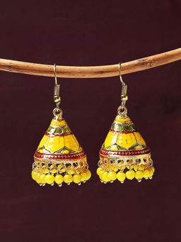 OOMPH - Yellow & Red Meenakari Jhumki Earrings - Cone Shape - For Women & Girls