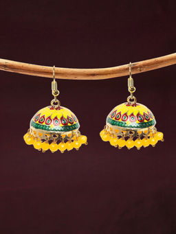 OOMPH - Yellow Meenakari Jhumka Earrings - Floral Design with Beads For Women & Girls