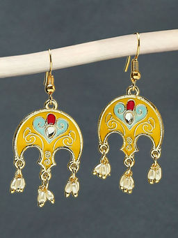 OOMPH - Yellow Meenakari Small Ethnic Drop Earrings with Pearls For Women & Girls