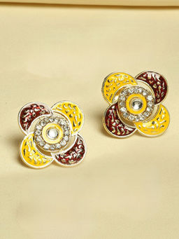 OOMPH - Red & Yellow Meenakari Ethnic Ear Stud Earrings - Floral Design with Kundan