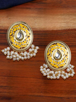 OOMPH - Yellow Meenakari Stud Earrings - Kundan & Pearls Studded in Oval Shape