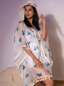 First Resort by Ramola Bachchan - Aqua Butterfly Mid Length Kaftan (Set of 2)