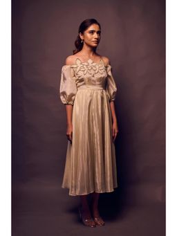Weaving Cult - Gold Tissue Embellished Off Shoulder Dress