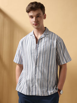 Dennis Lingo - Men Blue Stripes Half Sleeves Relaxed Fit Shirt