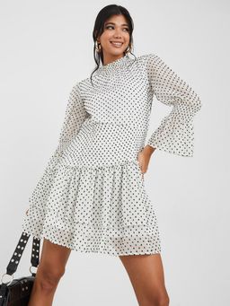 Styli - White 3/4 Sleeves Dobby Tiered Mini Dress