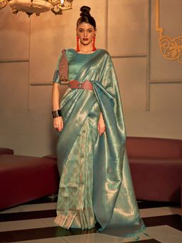 Sareemall - Women Silk Blend Sea Green Woven Design Handloom Saree with Unstitched Blouse