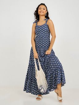 Styli - Blue Tie Shoulder Strap Aop Tiered Maxi Dress