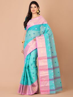 LAA CALCUTTA - Sea Green & Pink Pure Cotton Tant Saree