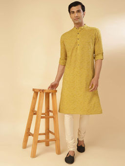 Fabindia - Yellow Cotton Slim Fit Hand Block Printed Long Kurta