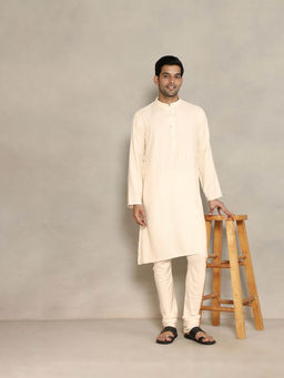 Fabindia - Beige Viscose Blend Striped Comfort Fit Kurta