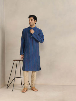 Fabindia - Blue Cotton Striped Slim Fit Kurta