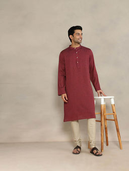 Fabindia - Maroon Cotton Self Design Comfort Fit Kurta