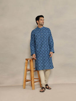 Fabindia - Blue Cotton Printed Comfort Fit Kurta