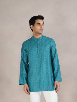 Fabindia - Teal Viscose Blend Dobby Short Kurta