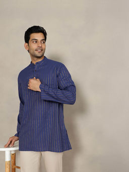Fabindia - Blue Cotton Blend Striped Comfort Fit Kurta