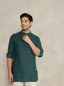 Fabindia - Green Cotton Printed Slim Fit Kurta