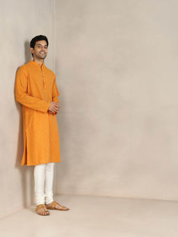 Fabindia - Mustard Cotton Self Design Slim Fit Kurta