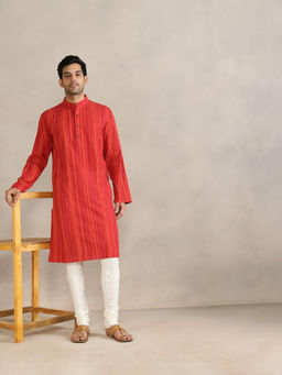 Fabindia - Red Cotton Striped Slim Fit Kurta