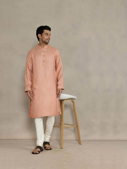 Fabindia - Peach Viscose Blend Printed Slim Fit Kurta