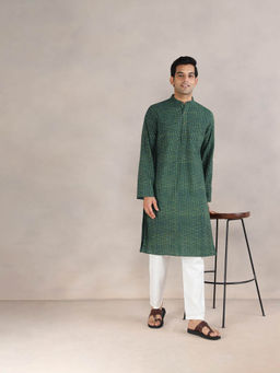 Fabindia - Green Cotton Dabu Printed Slim Fit Long Kurta