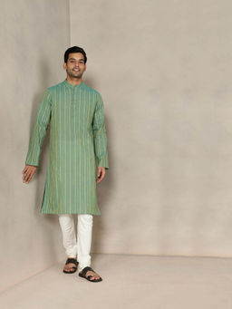 Fabindia - Green Cotton Striped Slim Fit Kurta