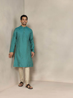 Fabindia - Teal Silk Blend Embroidered Slim Fit Kurta