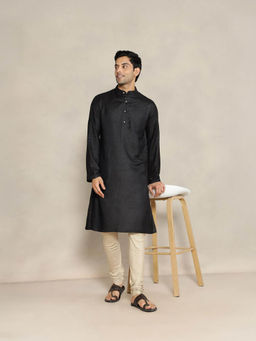 Fabindia - Black Viscose Silk Solid Slim Fit Kurta